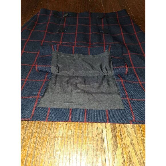 Size 4 LOFT Outlet Blue Red Button Detail Faux Button Lined Over the Knee Skirt - Picture 4 of 7